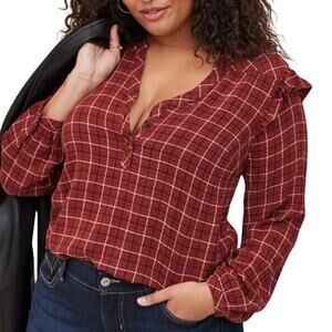 Torrid Red Plaid Long Sleeve Crinkle Gauze Ruffle Trim Blouse Top Size 1X XL